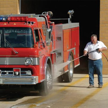Man Washing Fire Truck with P40 Vehicle Cleaner