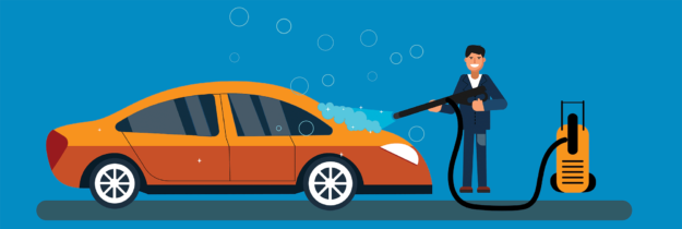 bigstock-Vector-Concept-For-Car-Washing-259372228 Illustration of a person washing an orange car with a pressure washer, creating soap suds.