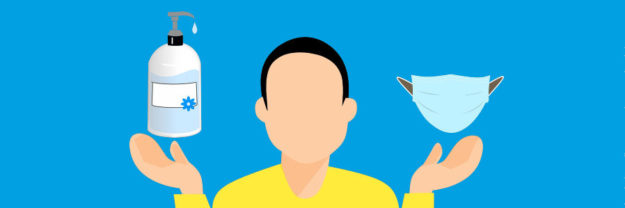 sanitize- Illustration of a person holding a bottle of hand sanitizer and a face mask against a blue background.