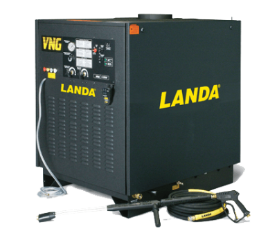 A - Landa VNG Industrial pressure washer with a black casing, labeled "Landa" and "VNG", featuring control panels, hoses, and a spray wand.