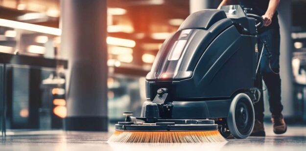 how does floor scrubber work (1) Person operating a large floor cleaning machine in a spacious, well-lit interior setting.