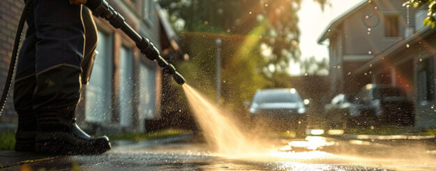 best commercial pressure washer residential use (1) Person pressure washing an outdoor surface with sunlight shining through water spray.